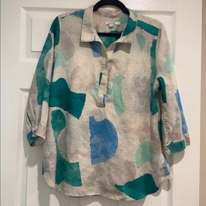 Chico's Multicolor Abstract Linen Top Size 1 Green Blue Beige abstract